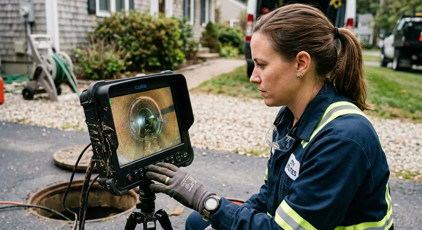 Technician reviewing sewer camera inspection footage in Gleneagle