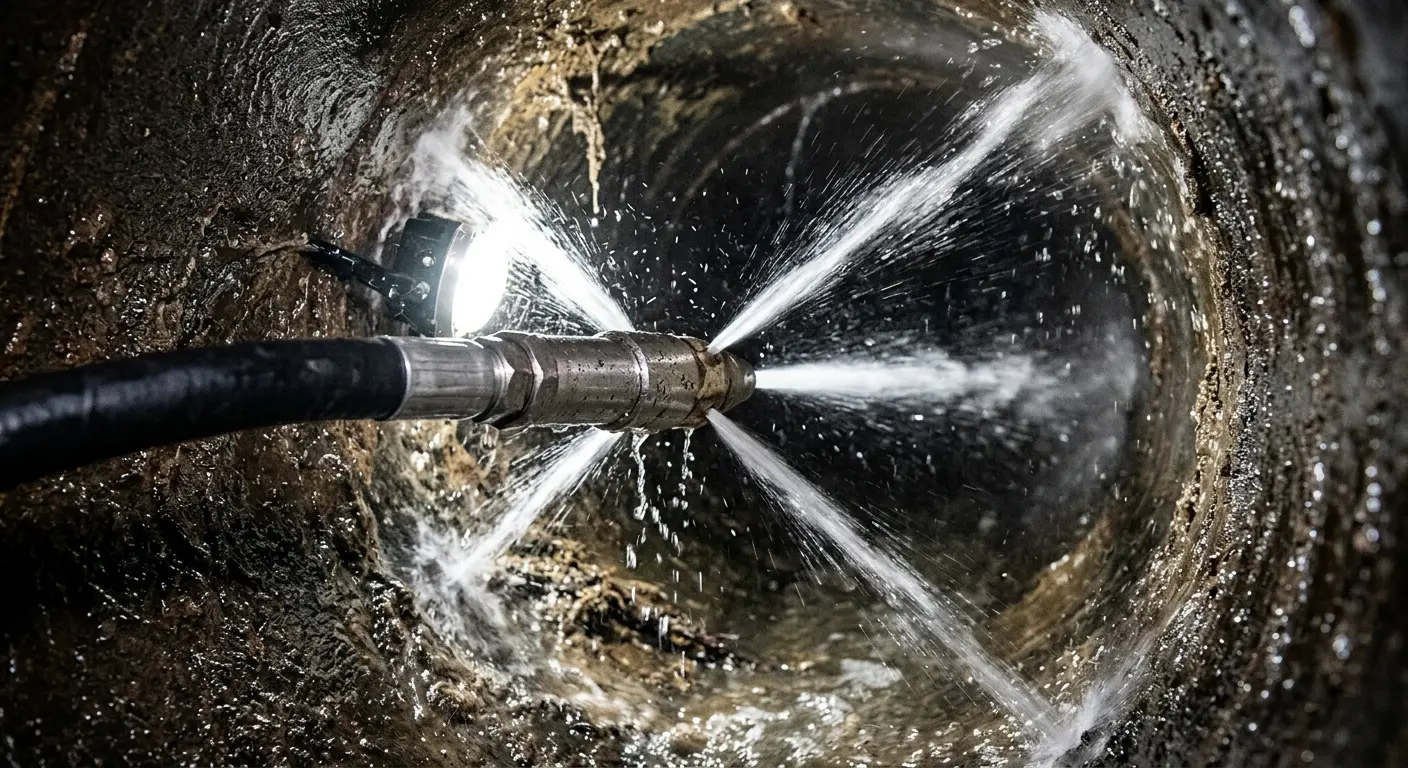 High-pressure hydro jetting nozzle cleaning sewer pipe for Trenchless Sewer Repair in Gleneagle