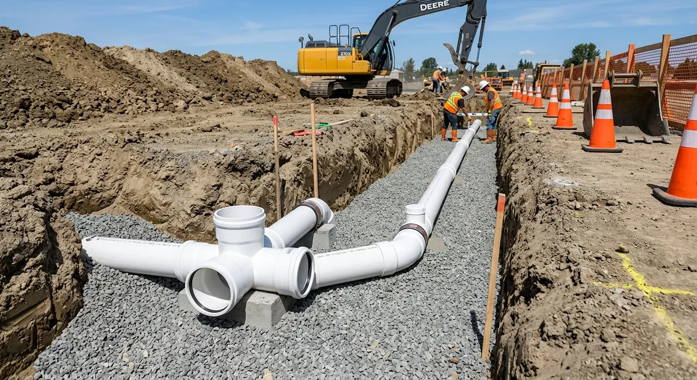 New PVC sewer pipe installation in open trench for Sewer Backup in Gleneagle
