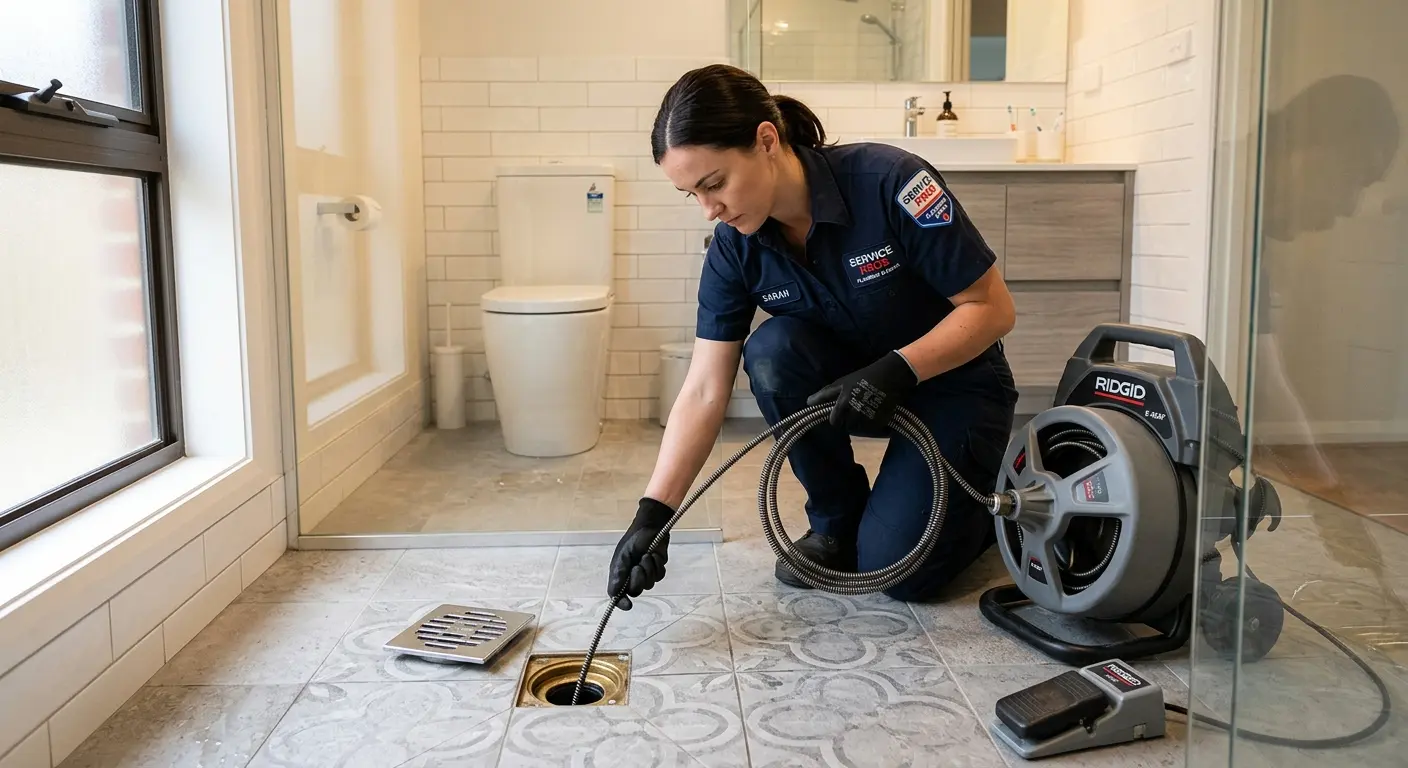 Technician clearing a bathroom floor drain for Drain Repair in Gleneagle